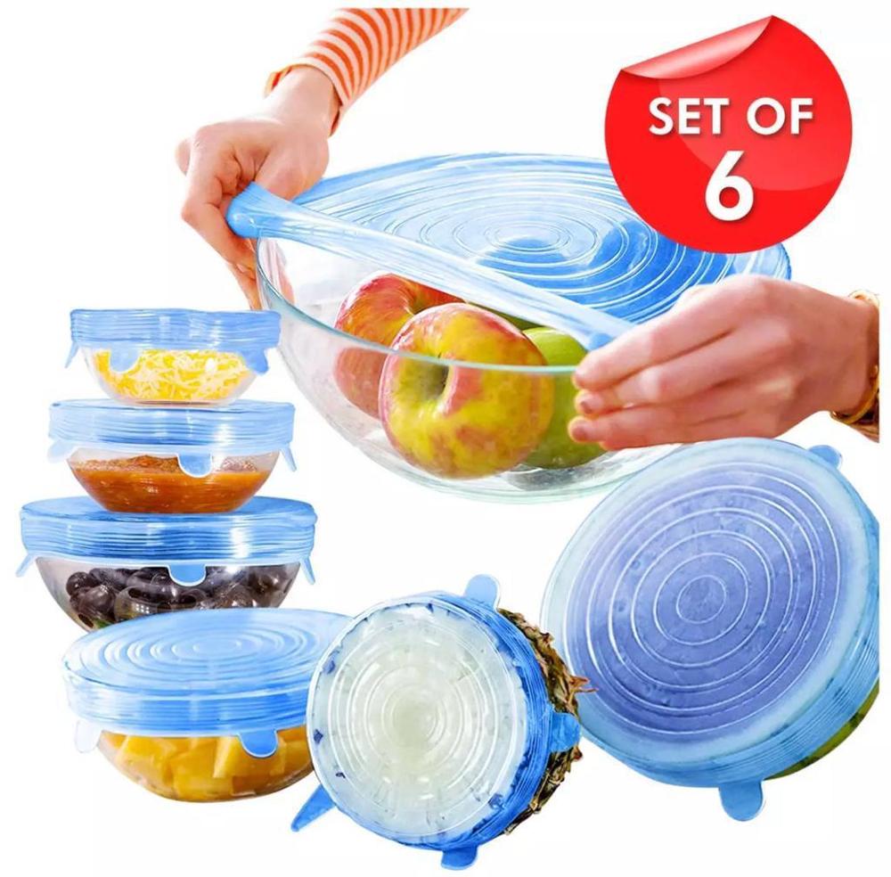 Set of 6 Silicone Stretch Lids Blue Food Storage
